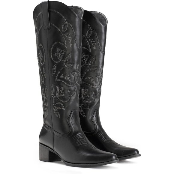 Women's Black 1 Pointy Toe Faux Leather Western Cowgirl Mid Calf Boots - Picture 5 of 6